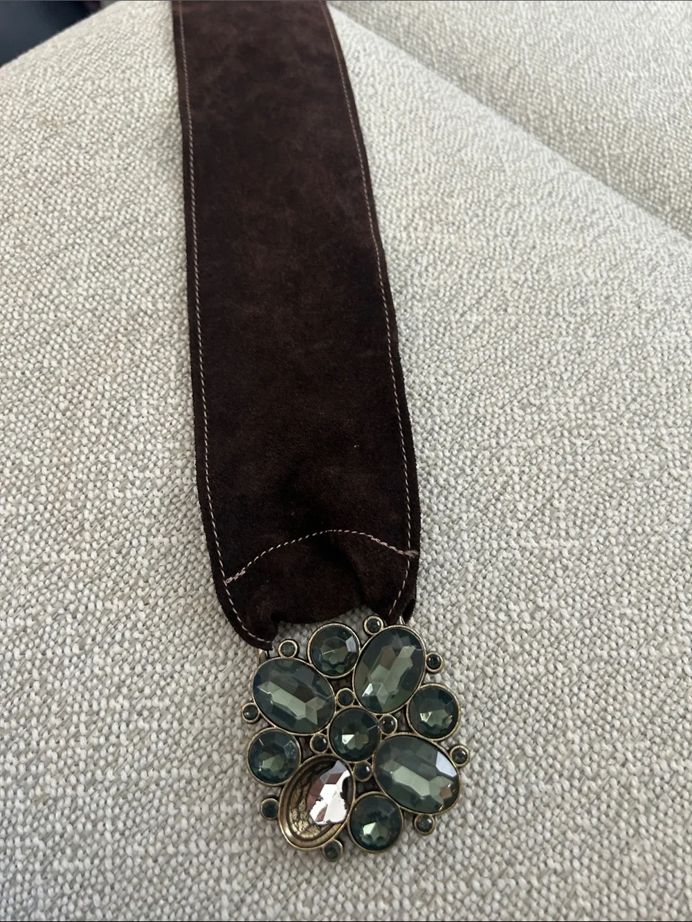 Wide Brown Suede Belt with Green Jewel Cluster woman’s xl